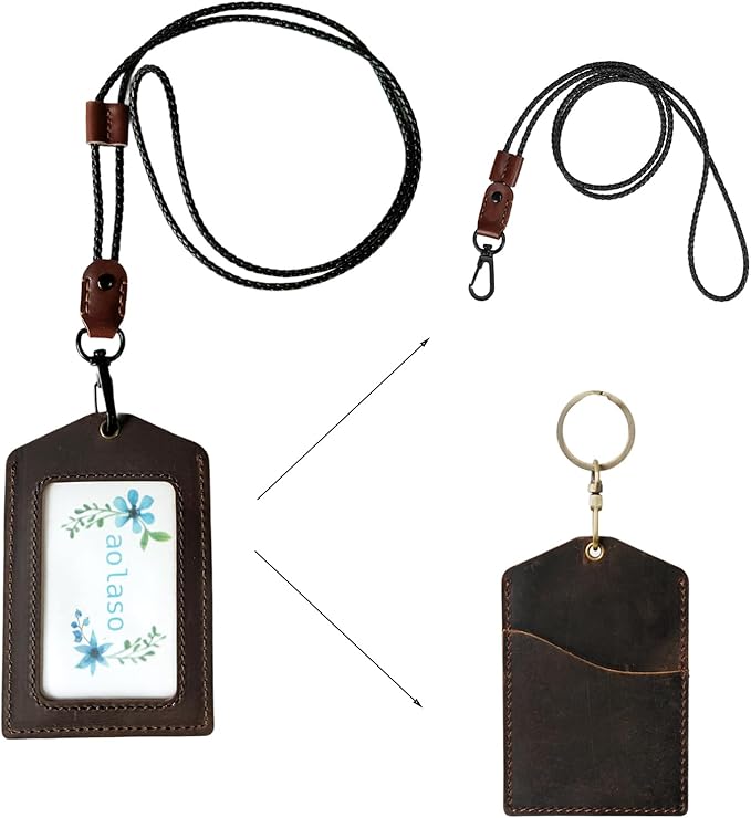 Badge Holder Vertical Handmade Leather ID Card Badge Holder Keychain with Heavy Duty Lanyard for Men Women (Coffee Leather)