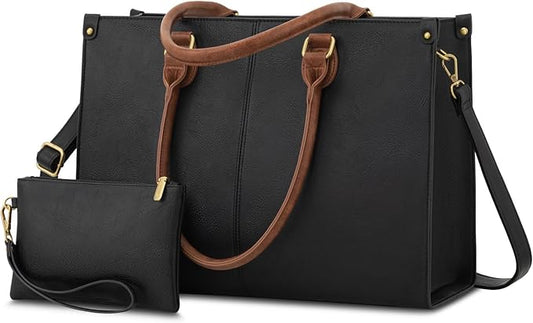 LOVEVOOK Laptop Tote Bag for Women, 15.6 Inch Large Capacity Vintage Leather Work Computer Bag, Business Casual Shoulder Handbag, Black & Brown