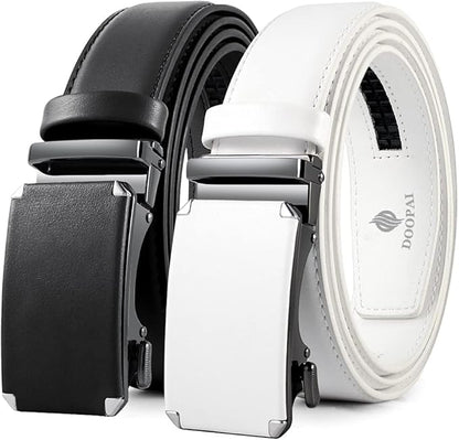 DOOPAI Men's 2 Pack Ratchet Dress Belt - Adjustable 1 3/8" Genuine Leather, Size Length Can Be Cut, With Gift Box