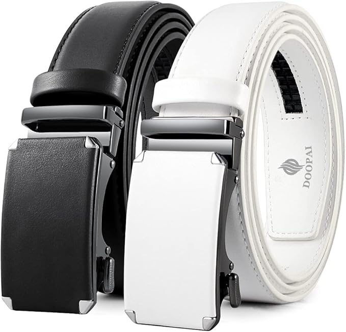 DOOPAI Men's 2 Pack Ratchet Dress Belt - Adjustable 1 3/8" Genuine Leather, Size Length Can Be Cut, With Gift Box