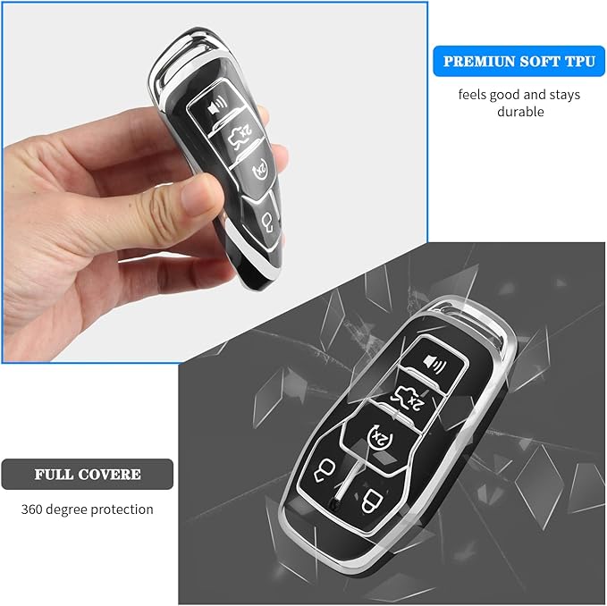 QBUC for Ford Key Fob Cover with Keychain Compatible with Ford Explorer F150 Fusion Mustang Edge Lincoln MKC 5 Buttons Smart Key (Black,Series 2)