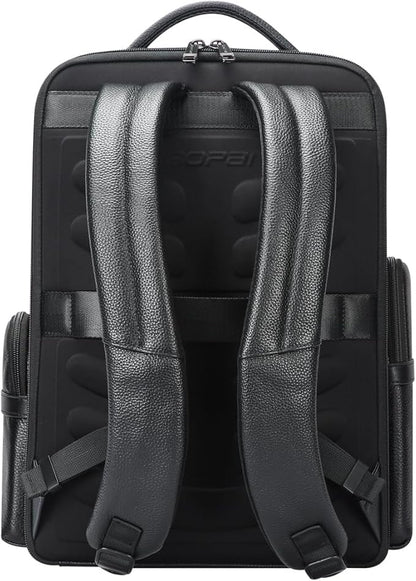 BOPai Genuine Leather Laptop Backpack Men for 15.6 inch Business Smart Professional Lightweight Backpack with USB Charging Office Commuter Computer Rucksack Executive Anti Theft Black