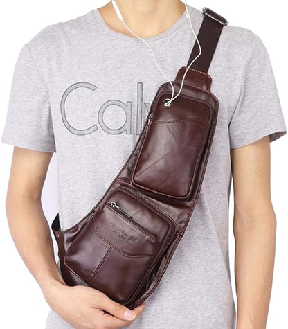 Hebetag Leather Sling Bag Crossbody Backpack for Men Women Travel Outdoor Camping