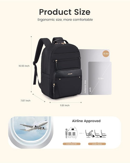 LOVEVOOK Laptop Backpack for Women with Leather Trim & Tumbler Pockets, 15.6" Work Backpack Purse, Travel Personal Item Bag, Carry On Business Computer Bag for Office, School, or Gift, Black