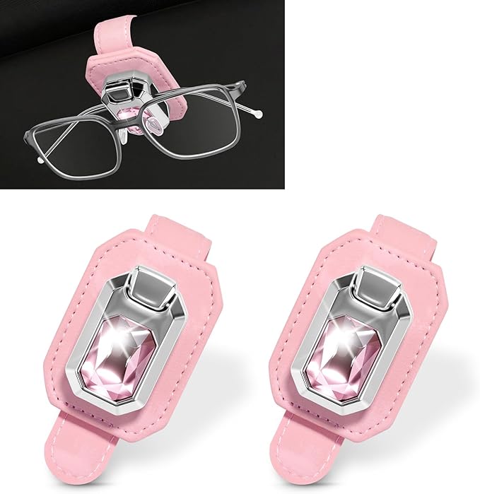 2PCS Sunglass Holder for Car Visor, Faux Leather Eyeglass Holder Clip for Car Sun Visor Organizer, Universal One Handed Operation Sun Glass Hanger, Car Interior Accessories for Women Man