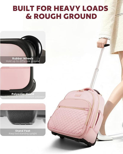 Arcoyard Small Rolling Backpack, 14.3 Inch Underseat Carry On Luggage With Wheels For Adults, Wheeled Backpack for Women, Travel Roller Bag, Pink