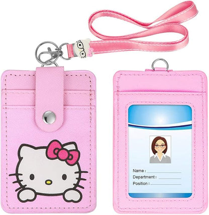 【2025 Latest】 Woosifun ID Badge Holder Cute Credit Card Case Neck Pouch Lanyard with Cartoon Shield Keychain for Students Teens Boys Girls Staff Women (Pink Cat)