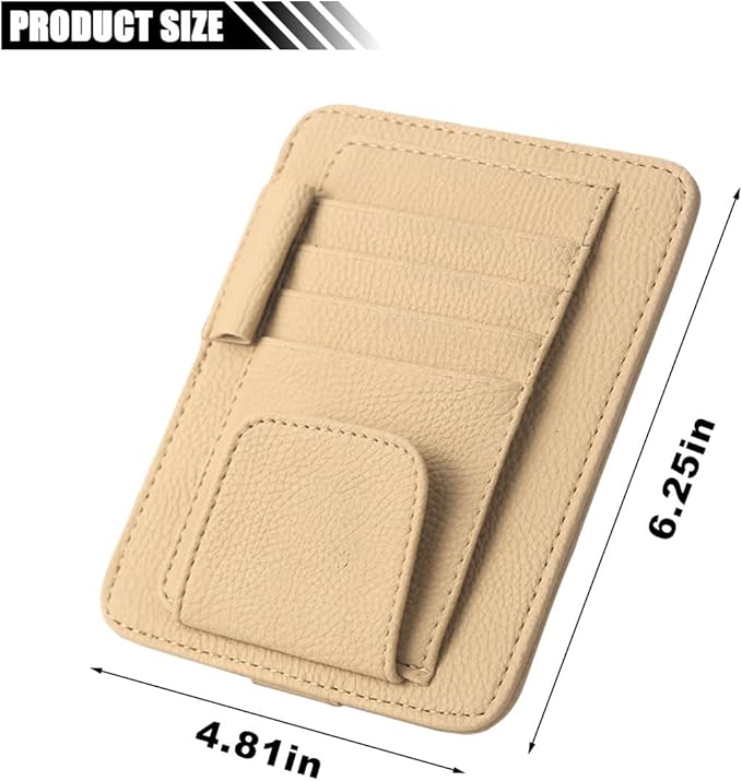 Car Sun Visor Organizer, Leather Card Sleeve Pocket Organizer, Multifunctional Auto Visor Document Holder with Sunglasses Clip, Universal Car Interior Organizer for Driving License, Pen (Small-Beige)