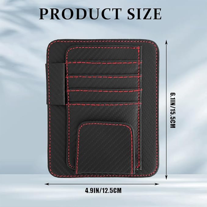 Small Leather Sun Visor Organizer, Visor Accessories, Multi-Pocket Sunvisor Storage with Sunglass Holder, Car Organizer for Drving License Card Pen Fits Most Vehicles (Carbon Fiber/Red Wire)