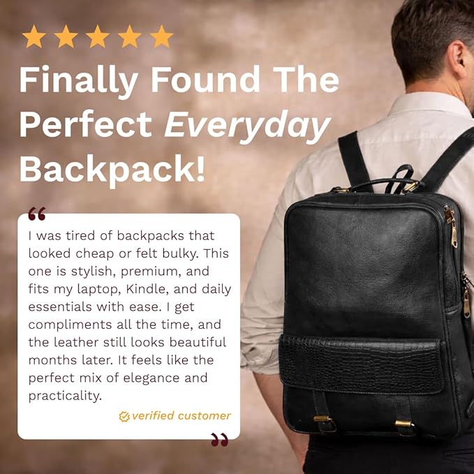 15.6" Luxury Black Leather Laptop Backpack for Men & Women. Leather Bag for Professional Use in Office & Business
