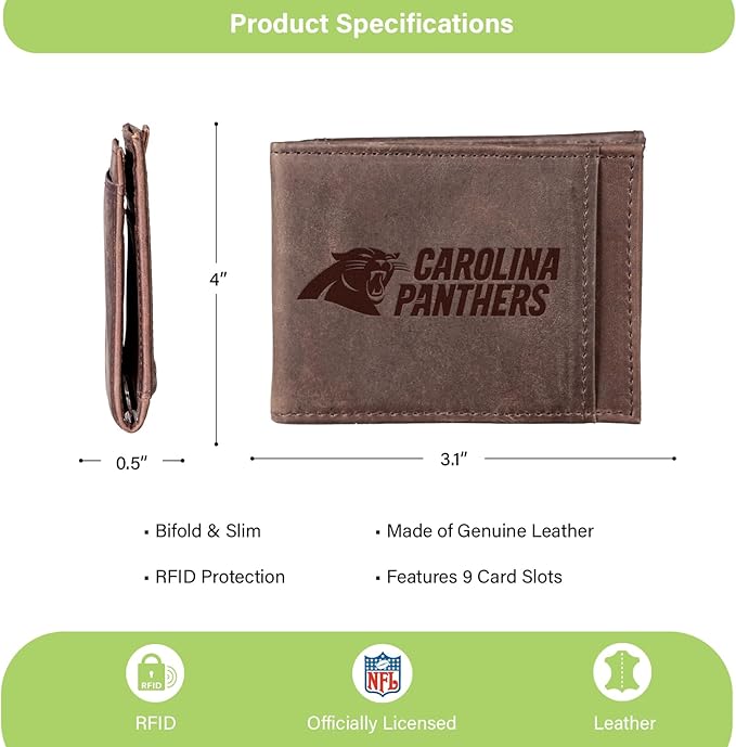 Team Sports America NFL Carolina Panthers Front Pocket Slim Wallet for Men | Minimalist Leather RFID Blocking Bifold Card Holder with Money Clip | Officially Licensed Stamped Logo