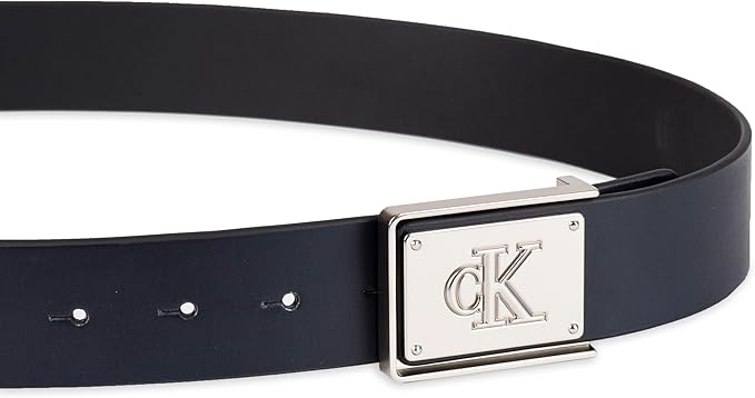 Calvin Klein Men's Plaque Buckle Belt - Casual Modern Style With Logo Detail for Jeans and Dress Pants