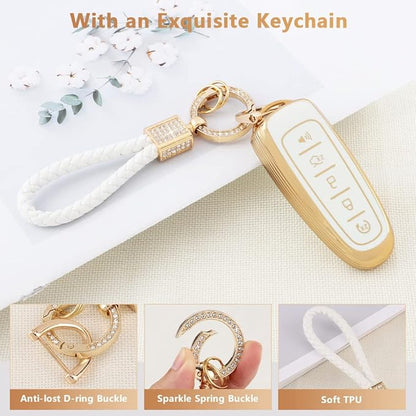 PIFOOG Key Fob Cover for Ford 5 Button Car Key Shell Case Glitter Keychain for Ford Edge Explorer Expedition Focus Taurus Escape C-Max Lincoln Smart Keys White Gold Girly Cute