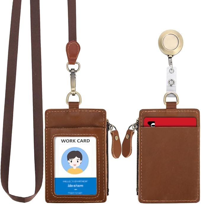 Wonderpool Leather ID Badge Holder with Zipper Wallet Pouch - Card Slots Case Detachable Neck Lanyard and Retractable Badge Reel for Office School Hospital Exhibition ID (Light Brown)