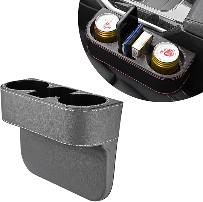 DXNQ Car Cup Holder Gap Filler Organizer, Multifunctional Auto Front Console Gap Filler with Cup Holder, Leather Extra Cup Holder Storage Box for Car Truck SUV, Car Accessories (Gray)