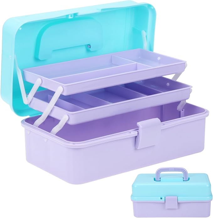 Sewing Box, 3-Layer Craft Organizers Portable Folding Toolbox, Plastic Tool Box with Handle for Sewing Supplies, Medicine, Art Supplies, Nails and Hair Accessories 12.5inch