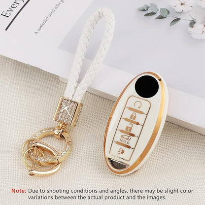 PIFOOG Accessories for Nissan Key Cover TPU Car Keys Shell Chain Waterproof Fit Altima Sentra Rogue Pathfinder Murano Armada Maxima Versa Remote Key White Girly