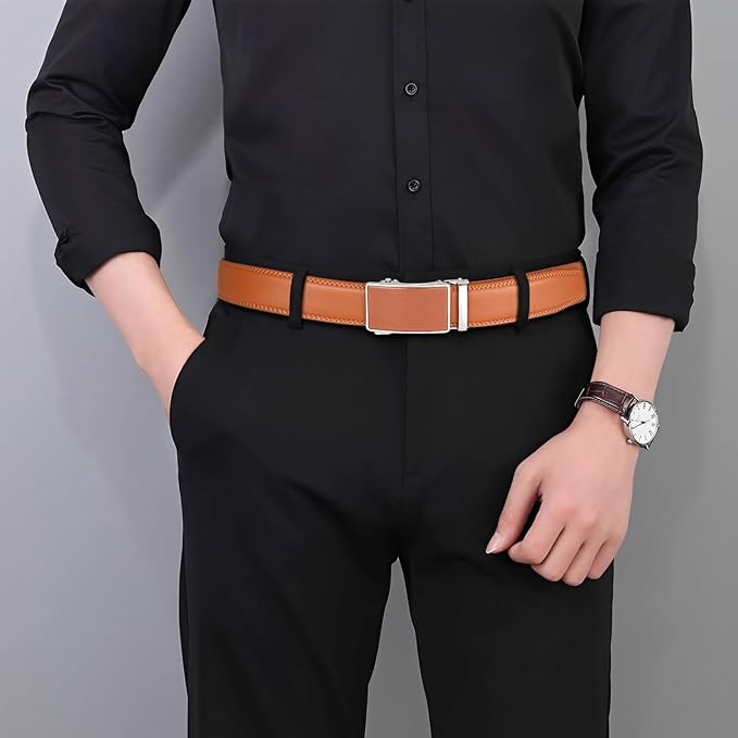 Lingli Men's Belt,Ratchet Dress Belt with Automatic Buckle Brown/Black-Trim to Fit-35mm wide