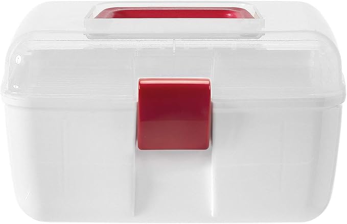 MyGift 10 Inch Multipurpose Portable White Plastic Storage Box with Removable Tray, Clear Lid and and Red Handle and Latch Lock, Home First Aid Storage Tool Box Sewing Kit Organizer Carrying Case