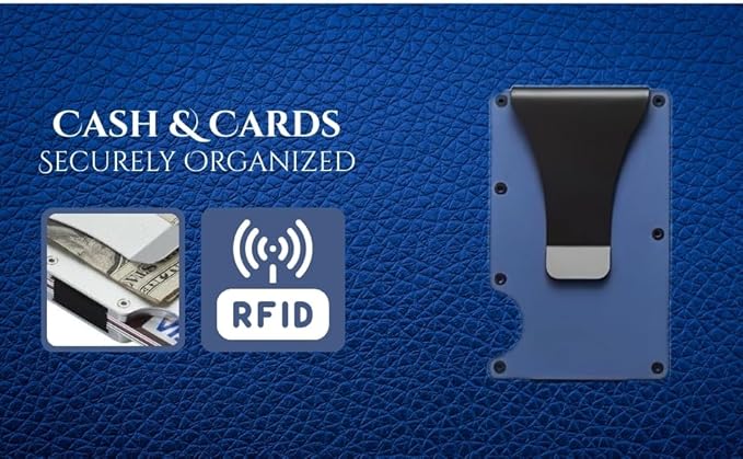 Leatherboss Wallet for Men RFID Blocking Minimalist Metal Card Holder with Money Clip Holds Credit Cards and Cash (Blue)
