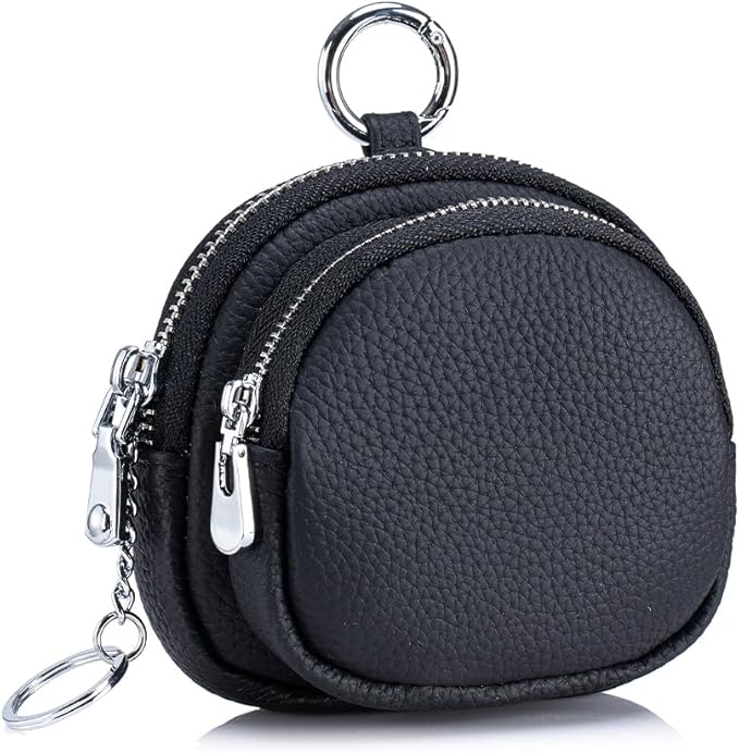 Genuine Leather Coin Purse with Keychain Clip Dual Zipper Mini Wallet Small Cute Pouch for Women & Men Compact Card Holder Wallet Key Holder (Black)