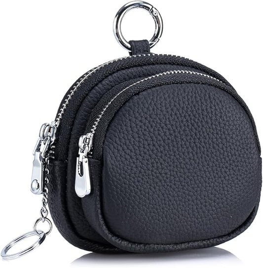 Genuine Leather Coin Purse with Keychain Clip Dual Zipper Mini Wallet Small Cute Pouch for Women & Men Compact Card Holder Wallet Key Holder (Black)