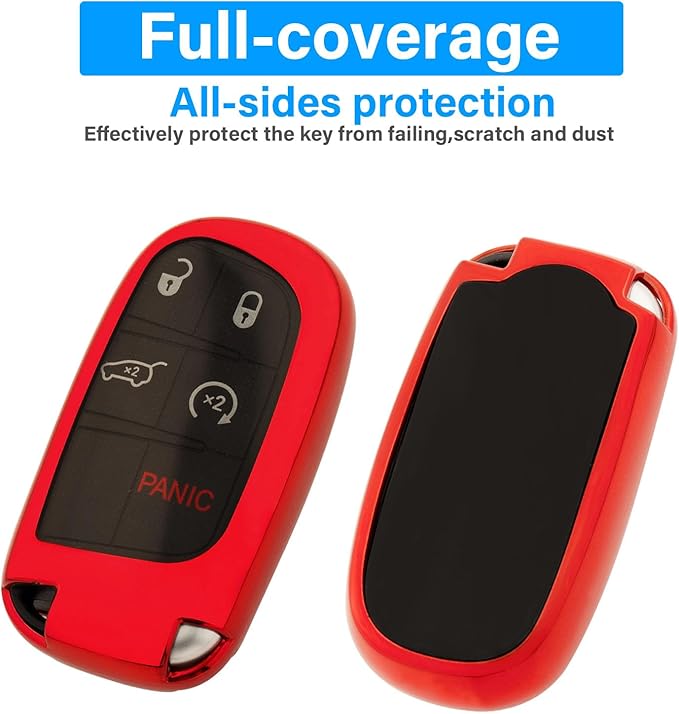 XIYANG TRADE for Jeep Key Fob Cover with Keychain,Soft TPU Key Case Shell Full Protection for Grand Cherokee Renegade Chrysler 200 300 Dodge RAM Durango Challenger Journey Dart Compass Charger(Red)
