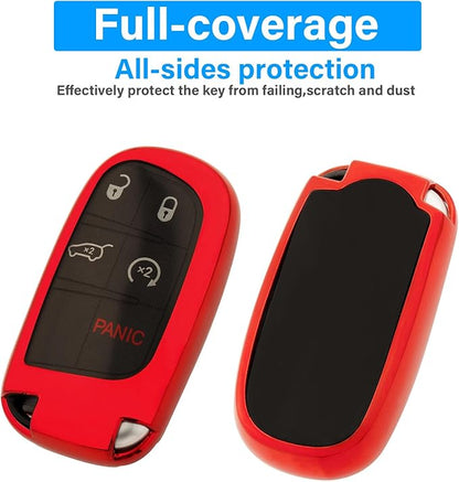XIYANG TRADE for Jeep Key Fob Cover with Keychain,Soft TPU Key Case Shell Full Protection for Grand Cherokee Renegade Chrysler 200 300 Dodge RAM Durango Challenger Journey Dart Compass Charger(Red)
