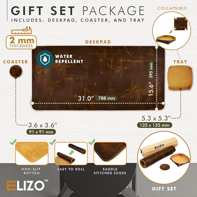 Elizo Real Leather Desk Mat Set (32x16) Large Desk Cover Desk Blotter Protector Computer Gaming Mouse Pad Table Laptop Office Desktop Accessories