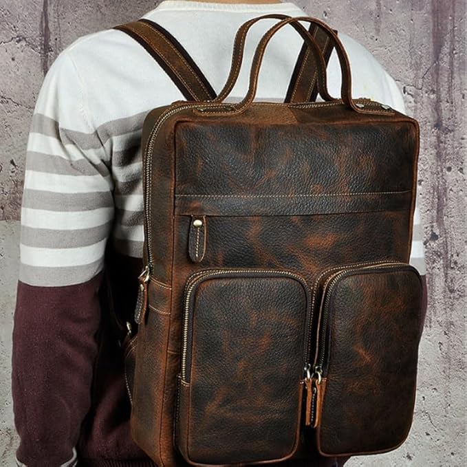 Business Commuting Brown Leather Men's Large Capacity Backpack Computer Bag