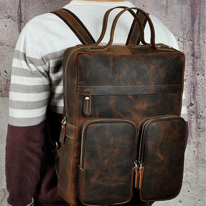 Business Commuting Brown Leather Men's Large Capacity Backpack Computer Bag