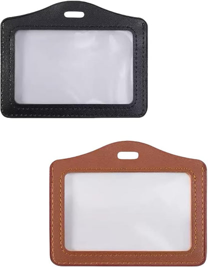 2 Pcs Black Brown Durable Leather ID Badge Holder, Double Sided Clear Window Horizontal Holders Waterproof Name Card Holders for Office, Staff, Students