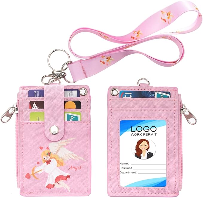 HASFINE ID Badge Holder with Cute Angel Character Design PU Leather ID Card Wallet, 2-Sided 5 Card Slots, Zippered Pocket, Detachable Keychain Lanyard for Teachers, Students, Nurses, Office Staff