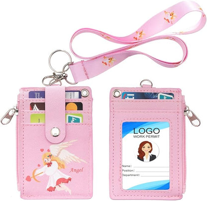 HASFINE ID Badge Holder with Cute Angel Character Design PU Leather ID Card Wallet, 2-Sided 5 Card Slots, Zippered Pocket, Detachable Keychain Lanyard for Teachers, Students, Nurses, Office Staff