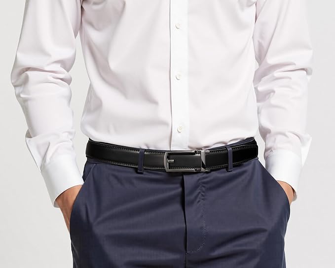 Founders & C Mens Ratchet Belt Leather Click 1 1/4" with Slide Buckle, Casual Dress Belt Adjustable