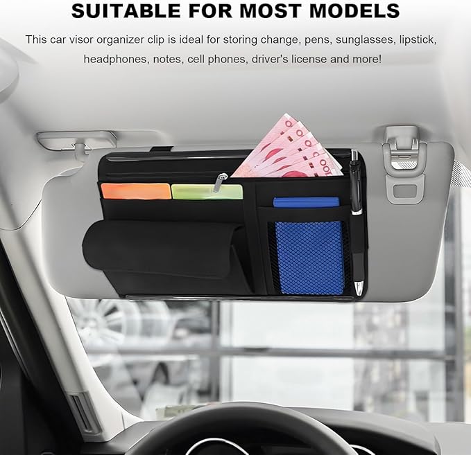 Sun Walker Car Sun Visor Organizer, Suede Leather Visor Storage Pouch Holder with Net Zipper, Multi-Pocket Vehicle Sunshade Organizer for Eyeglasses Card License Registration (Black)