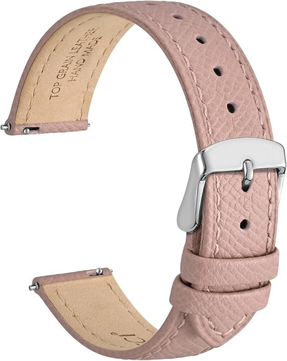 WOCCI 16mm Grace Watch Band for Ladies, Top Grain Leather, Quick Release Replacement Strap with Silver Buckle (Retro Pink)