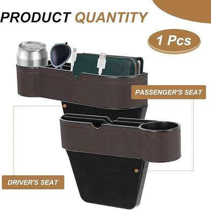 HARFINGTON Car Seat Gap Filler Organizer 10.6 x 7.1 x 2.8 Inch ABS+Leather Universal Car Organizer Storage Box Between Seat and Console (Left) with Cup Holders for Phone Keys, Brown