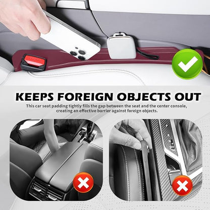 2PCS Car Seat Gap Filler Organizer,3 in 1 Car Seat Side Gap Filler with Hook for Avoiding Dropped Items,Universal No Drop Seats Guard for Filling Gaps 1.37-1.49 Inch Wide (Red)