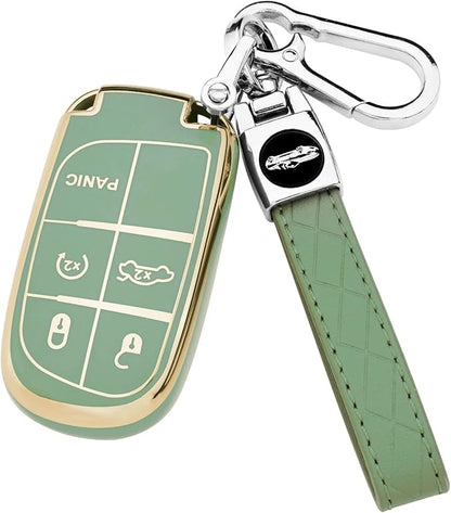 XIYANG TRADE for Jeep Key Fob Cover with Keychain, Soft TPU Key Case Shell Full Protection Suitable for Jeep Grand Cherokee Renegade Compass Durango Charger Dodge Challenger (Green)