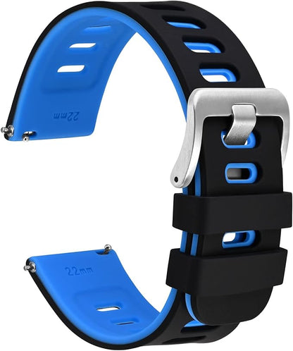 WOCCI 19mm Bicolor Watch Band, Silicone Rubber, Quick Release Replacement Strap for Men and Women, Silver Stainless Steel Buckle (Black-Blue)