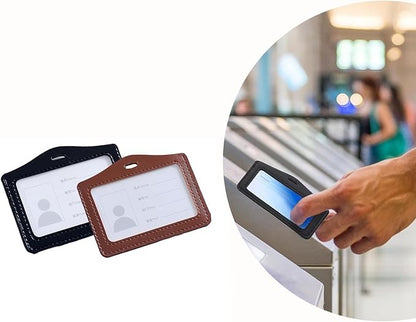 2 Pcs Black Brown Durable Leather ID Badge Holder, Double Sided Clear Window Horizontal Holders Waterproof Name Card Holders for Office, Staff, Students