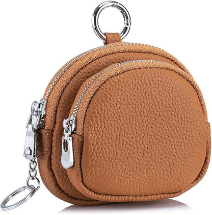 Genuine Leather Coin Purse with Keychain Clip Dual Zipper Mini Wallet Small Cute Pouch for Women & Men Compact Card Holder Wallet Key Holder (Ochre)