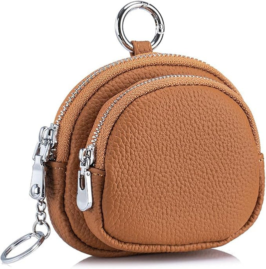 Genuine Leather Coin Purse with Keychain Clip Dual Zipper Mini Wallet Small Cute Pouch for Women & Men Compact Card Holder Wallet Key Holder (Ochre)
