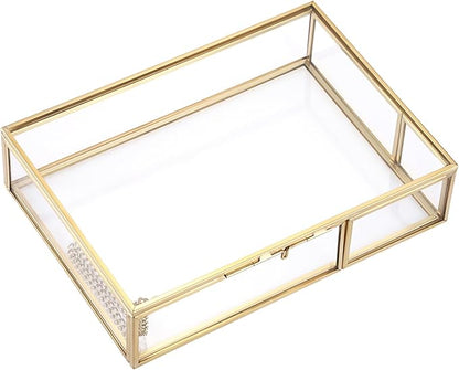 Hipiwe Gold Glass Photo Box - Vintage Photo Storage Organizer, Trinket Box Jewelry Display Organizer Photo Keepsake Box Case Home Decor (Medium)