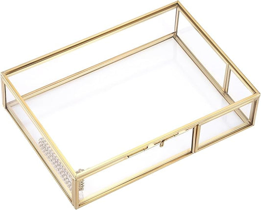 Hipiwe Gold Glass Photo Box - Vintage Photo Storage Organizer, Trinket Box Jewelry Display Organizer Photo Keepsake Box Case Home Decor (Medium)