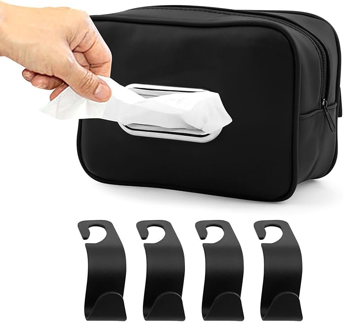 Car Tissue Box Holder, Backseat Rectangular Napkin Holder with 4 Hooks, Small 7.5in PU Leather Napkin Organizer with Metal Ring for Easy Pulling, Fits Headrest, Dashboard & Sun Visor(Color:Black)