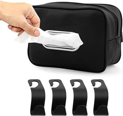 Car Tissue Box Holder, Backseat Rectangular Napkin Holder with 4 Hooks, Small 7.5in PU Leather Napkin Organizer with Metal Ring for Easy Pulling, Fits Headrest, Dashboard & Sun Visor(Color:Black)