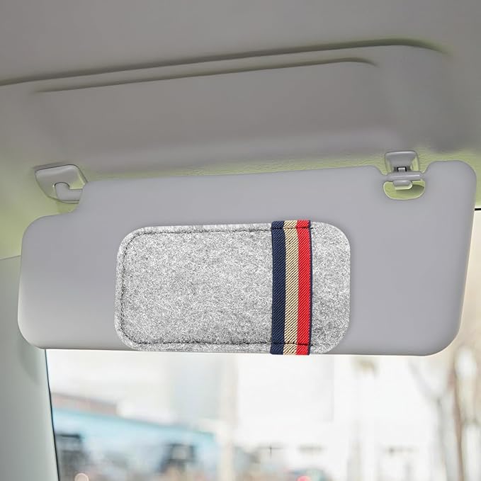 Car Visor Sunglasses Holder Organizer – 6.1"×3.62" Soft Felt Sunglasses Eyeglasses Storage Bag for Card Pen Invoice – Multi-Function Glasses Storage Pouch Car Sun Visor Organizer (Grey White)
