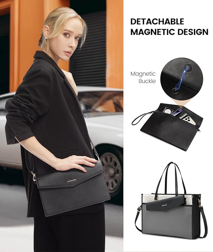 LOVEVOOK Laptop Bag for Women, 15.6'' Laptop Tote Purse 2-in-1 Professional Work Bag Business Briefcase with Clutch Purse, Waterproof Leather Computer Handbag for Teacher Office Travel